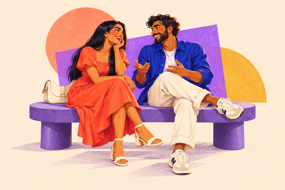 Two adults sharing a thoughtful conversation on a curved bench