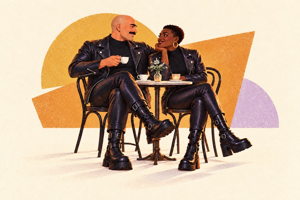 Two adults in leather sharing coffee at a small table