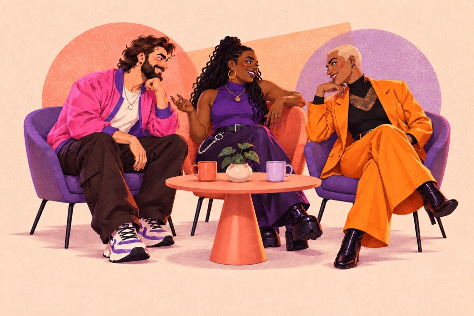 Three adults talking around a small coffee table