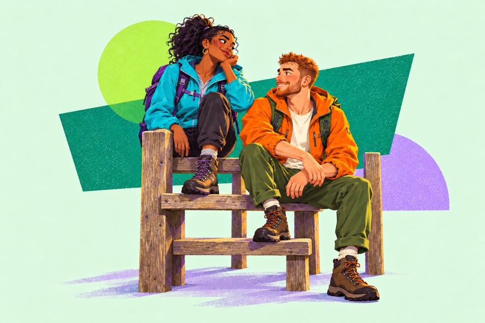 Two adult walkers resting together on a wooden stile