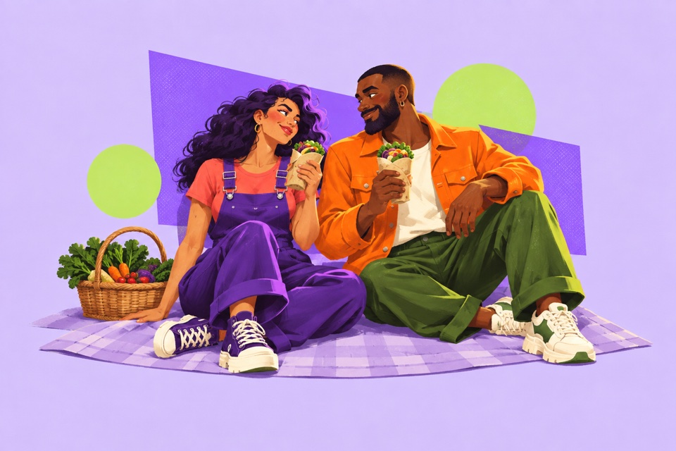 Two adults enjoying a plant-based picnic